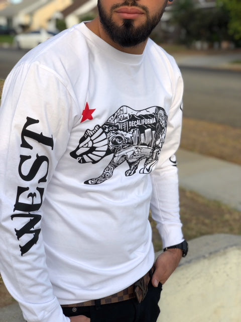 White LS DeCalifornia T with Red or Navy Blue West Coast Sleeves & Star!