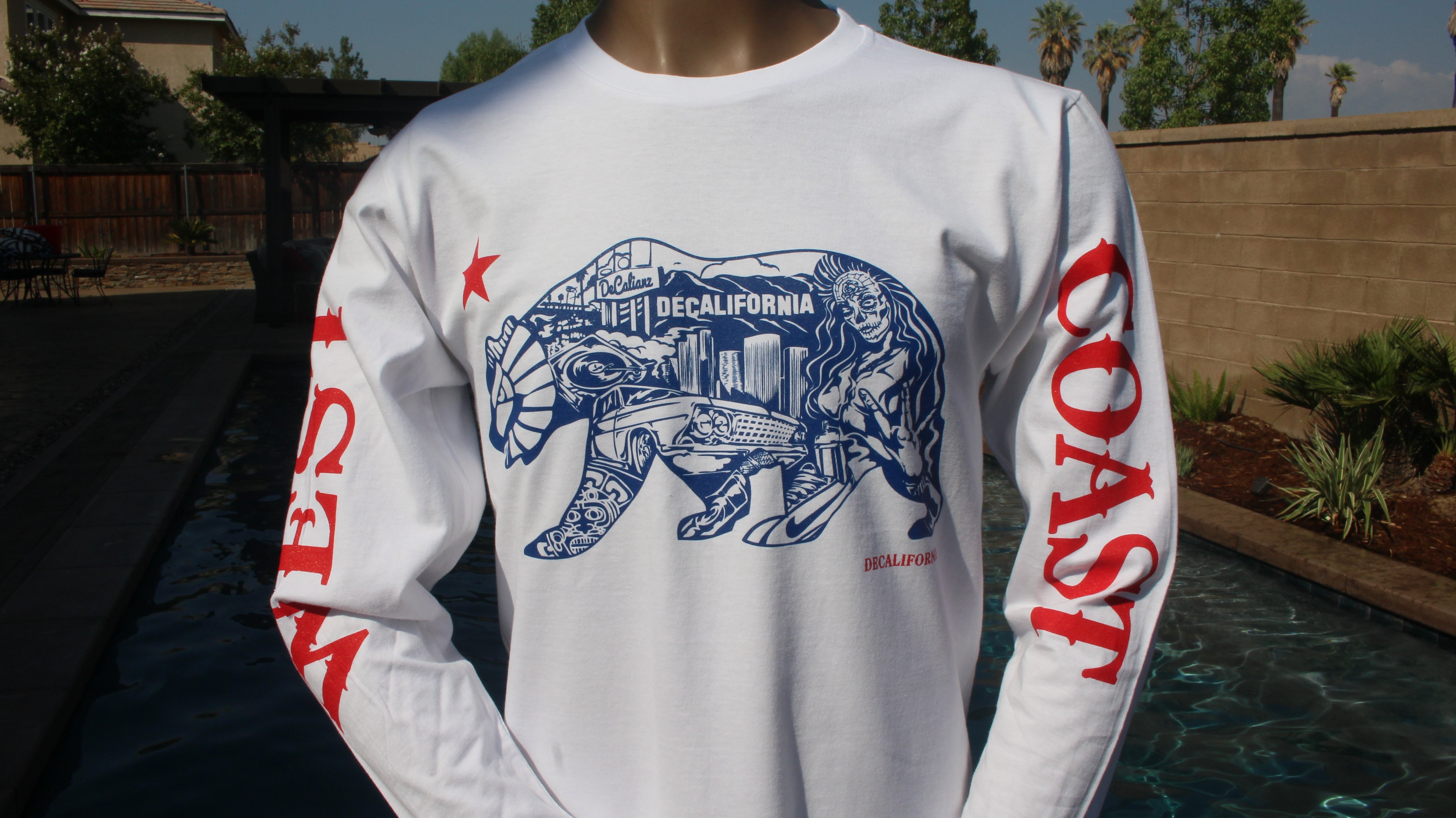 White LS DeCalifornia T with Red or Navy Blue West Coast Sleeves & Star!